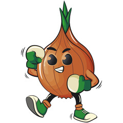 cute onion character practicing boxing wearing boxing glove, cartoon vector illustration, work of hand drawn