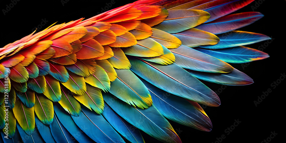 Poster vibrant parrot wing displaying colorful feathers on a minimalistic black background