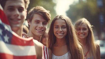 Obraz premium A Vibrant Group of Happy Young Friends Smiling with an American Flag in the Background Together