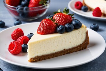 Delicious Fresh Cheesecake Slice with Strawberries Blueberries and Raspberries on White Plate