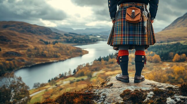 Man in kilt overlooking scenic Scottish loch and valley.