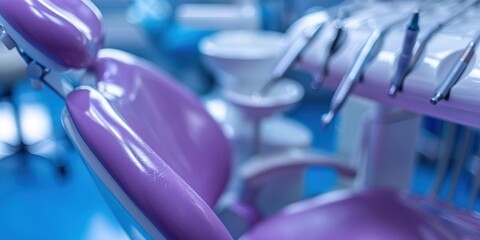 Obraz premium Vibrant Dental Office Interior Featuring a Close-Up of a Modern Dentist Chair in Purple Leather with Dental Instruments Nearby