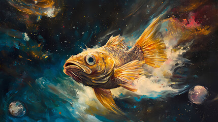 Surreal painting of a fish in zero gravity. Mystify. Illustration