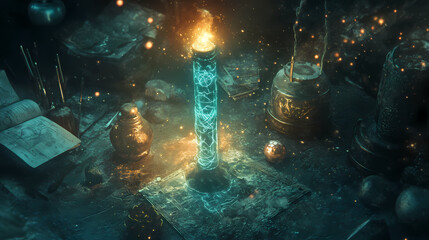 Naklejka premium Surreal photograph of a mystical staff with luminous technorunes, detailed and glowing in a rune crafting workshop setting. Mystify. Illustration