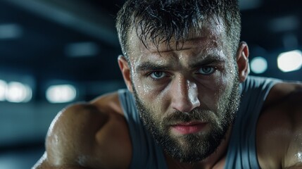 Fototapeta premium Intense Fitness Portrait of a Sweaty Male Athlete Focused on Training in a Dimly Lit Gym Environment Capturing Hard Work and Determination