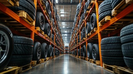 Fototapeta premium Rows of tires stacked high in a warehouse storage facility