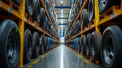 Rows of tires stacked high in a warehouse