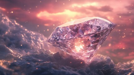 Obraz premium Sparkling diamond rests on icy peak at sunset.