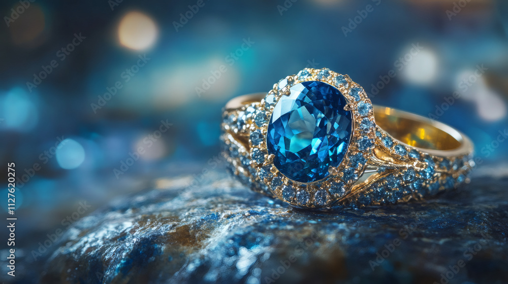 Aufkleber gold ring with large blue gemstone and smaller surrounding stones resting on a rock with a blurred b