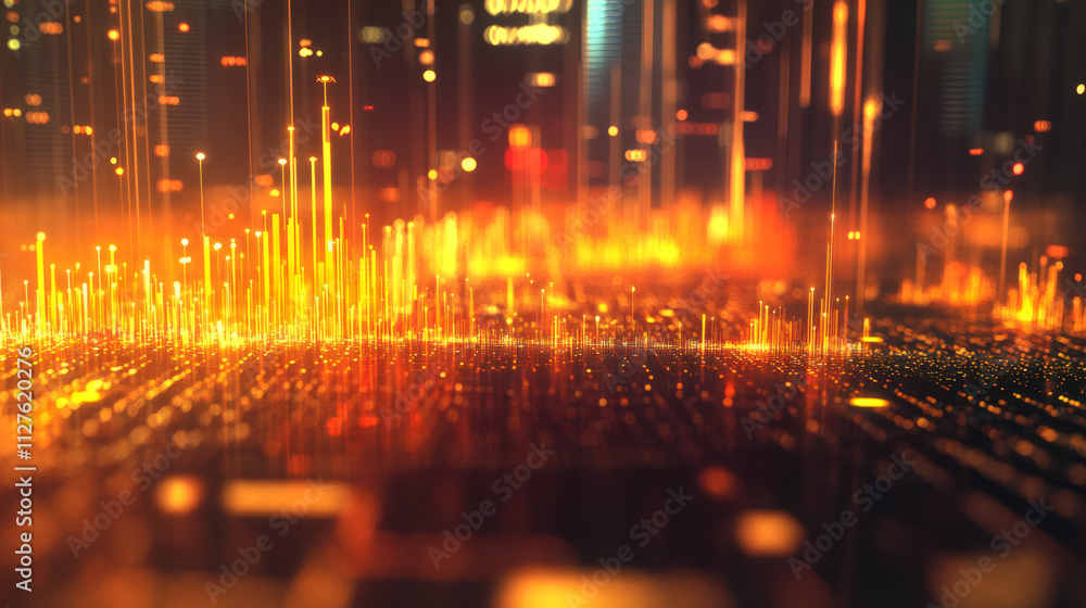 Poster nighttime futuristic cityscape with glowing orange lights and data streams, evoking a technological 