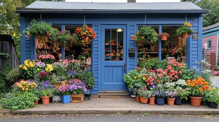 Colorful Flowers Adorn Charming Blue Flower Shop Building