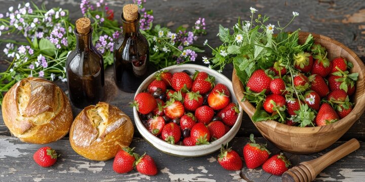 A vibrant display of fresh strawberries in rustic wooden and ceramic bowls accompanied by artisanal bread and wildflowers on a textured wooden surface