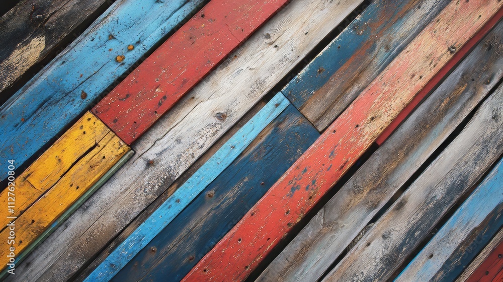Poster an image of colorful wooden planks arranged in an abstract manner, showcasing vibrant hues and textu
