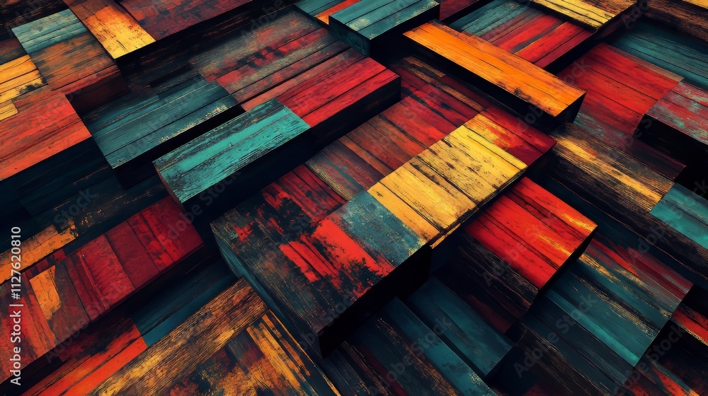 Poster an image of colorful wooden planks arranged in an abstract manner, showcasing vibrant hues and textu
