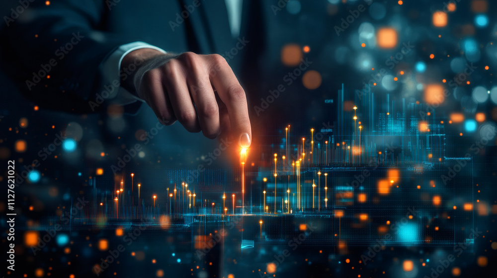 Poster businessman touching increasing graph in futuristic virtual reality environment representing financi