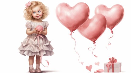 Adorable toddler girl with blonde hair and blue eyes holding a pink heart-shaped balloon isolated