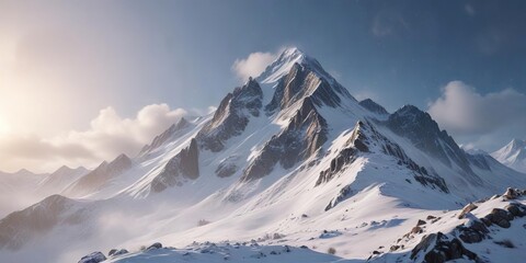 Snow-covered mountain with sparkle in the snow and misty atmosphere, sparkling snow, frozen summit, misty mountains