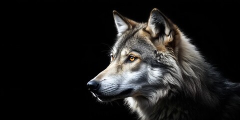 Fototapeta premium Wolf muzzle displayed prominently against a dark background at night