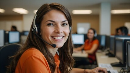 Smiling employee wearing an orange-accented headset in a vibrant office, symbolizing professionalism, teamwork, and outstanding customer care services.