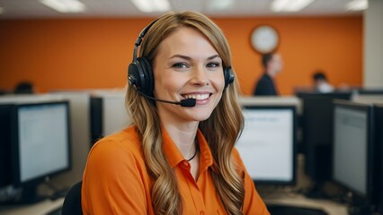 Businesswoman with an orange headset in a modern office environment, representing telemarketing expertise, customer support, and a focus on client satisfaction.

