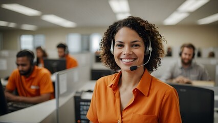 Enthusiastic curly hair telemarketing operator with orange details in the office, embodying professionalism, teamwork, and excellence in communication and customer support specialist in a call center