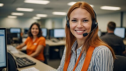 Focused and smiling customer service representative with a headset, offering high-quality support and business solutions in a professional orange office.