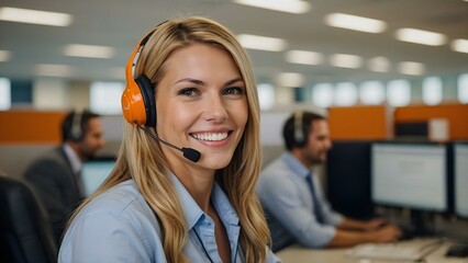 Professional blonde female teleoperator wearing a headset in a modern orange office, showcasing expertise in communication, business, and client relations.