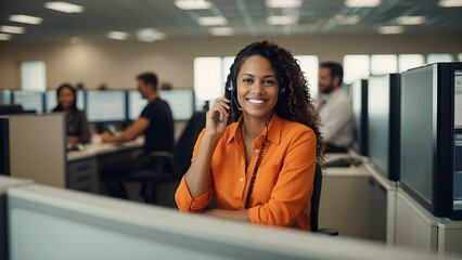 A dedicated customer support specialist with a microphone headset, working efficiently in a orange call center, ensuring outstanding service and client satisfaction.