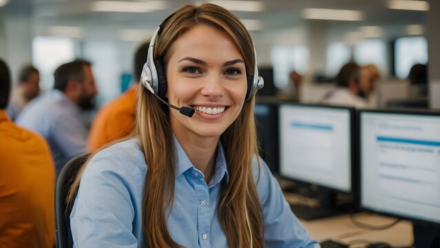 A brunette woman with a headset smiles confidently while providing tech support in a vibrant modern workspace. The office buzzes with teamwork, showcasing a professional and efficient atmosphere.