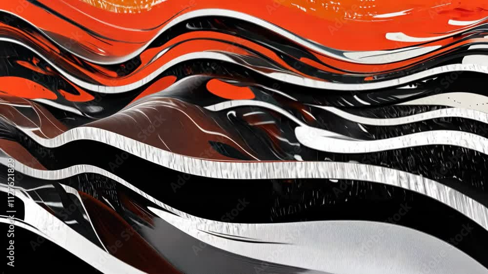 Poster abstract design with flowing waves in vibrant colors of black, orange, and silver showcasing dynamic