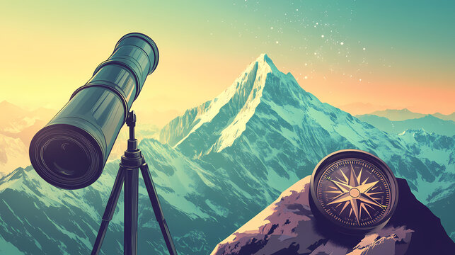 Telescope aimed at a mountain peak, with a compass next to it, symbolizing direction and purpose. Serenity. Illustration