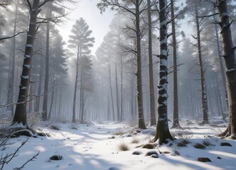 Snowy forest landscape with tall trees and bare branches , frosty landscape, winter wonderland, peaceful