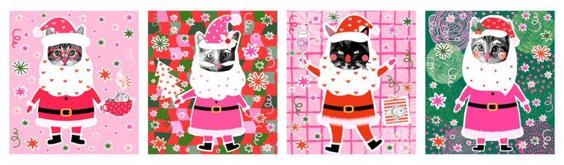 Funny and cute vector set with Santa Claus Christmas cats, Halftone party kitty collage greeting cards and posters