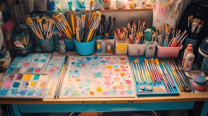 Colorful Artist Workspace with Paint Brushes and Creative Supplies
