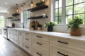 Fototapeta premium Modern farmhouse kitchen with white cabinets, quartz countertops, and floating shelves.