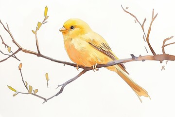 Yellow Canary Bird on Branch Spring Watercolor Painting Nature