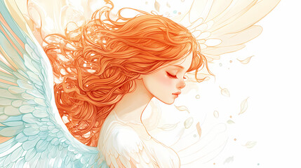 Whimsical illustration of a cute angel with wings, exuding warmth and serenity in a beautiful, soft color palette. white background. Serenity. Illustration