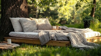 Cozy Outdoor Bed with Soft Blankets and Pillows Under Green Trees