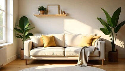 Fototapeta premium A modern, minimalist living room with a large, beige sofa, and a potted plant in the corner. Bright, natural lighting is coming into the room through a window, scandinavian style.