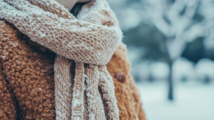 Cozy winter fashion with fur coat and knitted scarf in snow