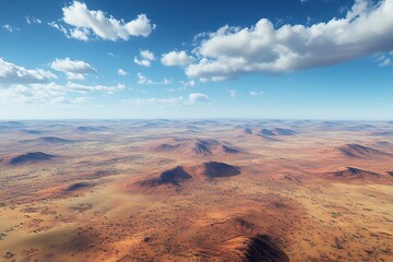 Aerial view of a vast desert landscape with rolling hills and a clear blue sky.