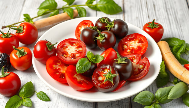 Immune boosting healthy food for low cholesterol high in lycopene, anthocyanins, antioxidants, vitamins, minerals & dietary fibre. With fruti & vegetables around a white plate on rustic wood isolate