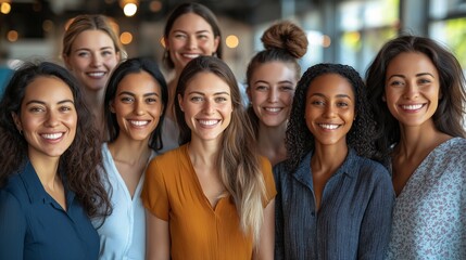 Obraz premium A group of women coworkers smiling together indoors, symbolizing friendship, connection, and diversity in a warm and inviting social atmosphere of togetherness