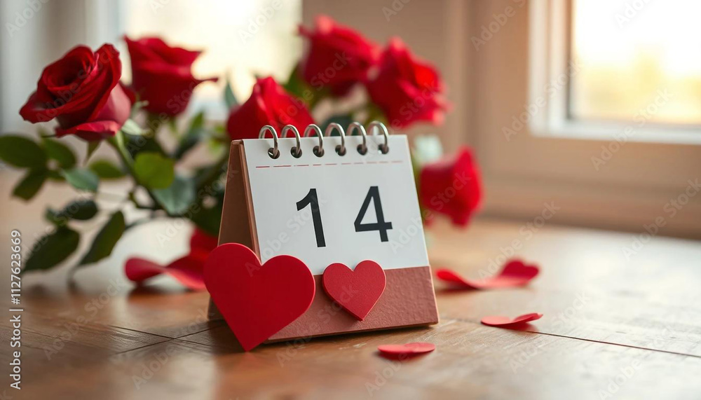 Fototapete a small desk calendar displaying the date '14 feb' with a red heart-shaped placed next to it, valent