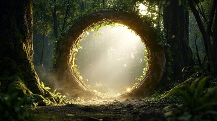 Fototapeta premium Enchanted Forest Portal Surrounded by Lush Greenery and Rays of Light Breaking Through the Trees in a Serene Nature Landscape