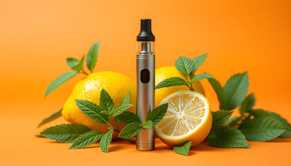 Modern electronic cigarette, lemon and mint leaves on orange background with space for text isolated with white highlights, png