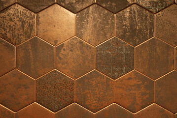 Copper hexagonal ceramic mosaic background texture