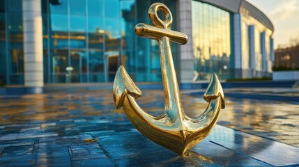 Golden Anchor Sculpture Near Modern Building at Sunset Reflection
