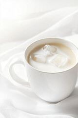 Obraz premium Minimalist White Ceramic Coffee Cup with Creamy Drink and Ice Cubes