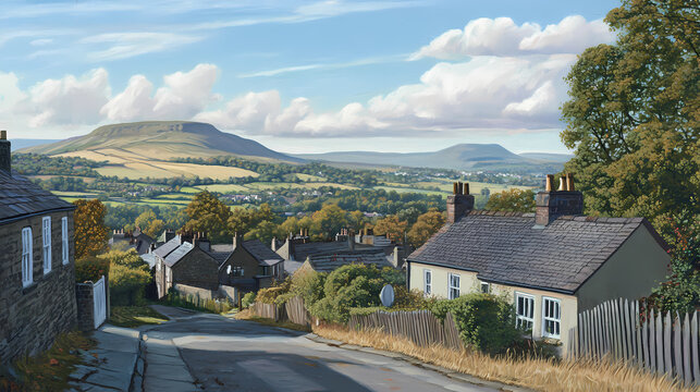 Scenic view of houses in clitheroe lancashire with pendle hill in the background. Serenity. Illustration